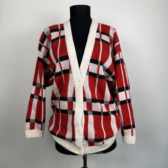 90s Vintage Plaid Wool-Blend Knit Cardigan Sweater Red Black White, Size Medium - Picture 1 of 11